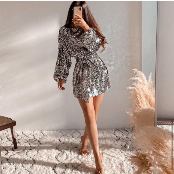 Zara Sequin Mini Dress Silver - Picture 6 of 16